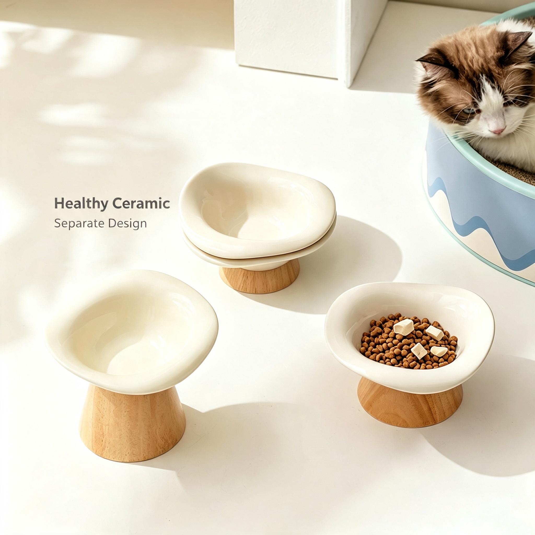 Elevated Ceramic Cat Food Bowl with Wooden Stand