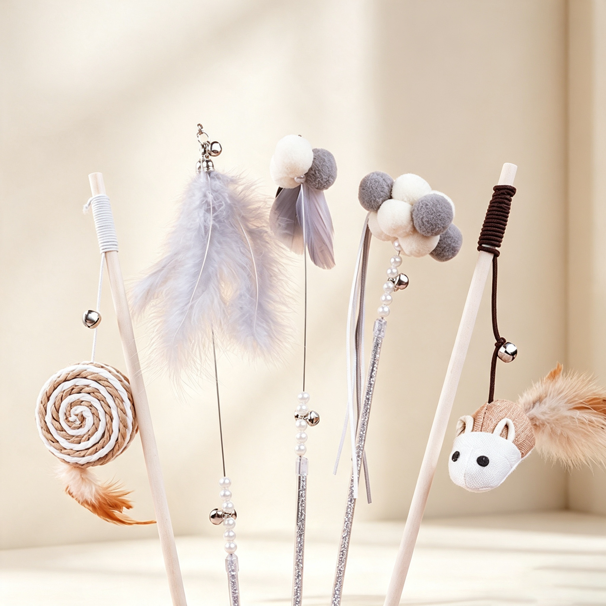Wooden Feather Cat Teaser Wand Set